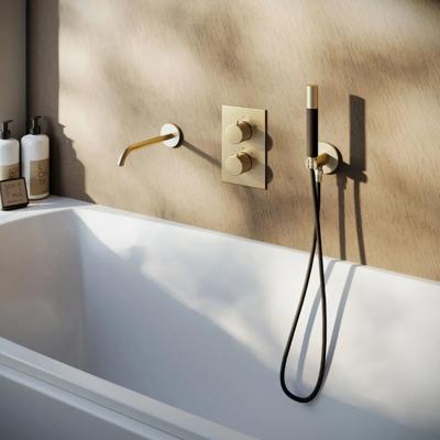 Badkraan SaniClear Brass | Thermostaatkraan | Incl.Inbouwdeel | 2-weg | Rechthoekig | Geborsteld Messing - mat goud
