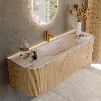 Badmeubel Mondiaz Kurve-Dlux | 140 cm | Meubelkleur Oak | Wastafelkleur Nata | Solid surface | Wasbak midden spoelbak | 1 kraangat