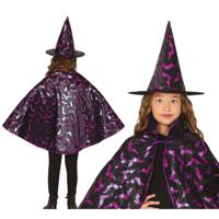 Heksen verkleed setje voor kinderen - hoed en cape - zwart/paars - Halloween/carnaval verkleed acces - thumbnail