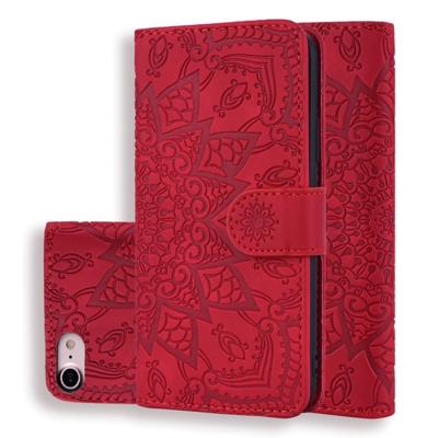 Kalf patroon dubbele vouwen ontwerp reliëf lederen draagtas met portemonnee & houder & kaartsleuven voor iPhone 8 & 7 (rood)