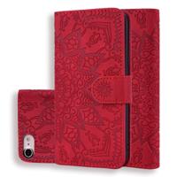 Kalf patroon dubbele vouwen ontwerp reliëf lederen draagtas met portemonnee & houder & kaartsleuven voor iPhone 8 & 7 (rood)