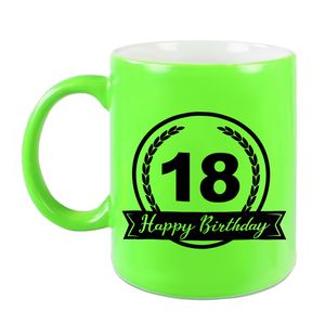 Happy Birthday 18 years cadeau mok / beker neon groen met wimpel 330 ml