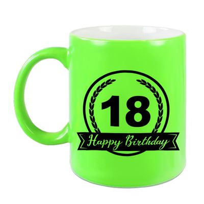 Happy Birthday 18 years cadeau mok / beker neon groen met wimpel 330 ml Happy Birthday 18 years cadeau mok / beker neon groen met wimpel 330 ml