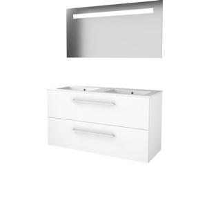 Basic-Line Economic 46 badkamermeubelset - 120x46cm - met grepen - 2 lades - porseleinen wastafel - 2 kraangaten - Spiegel - geintegreerde LED verlichting - MDF lak Ice White 1810801