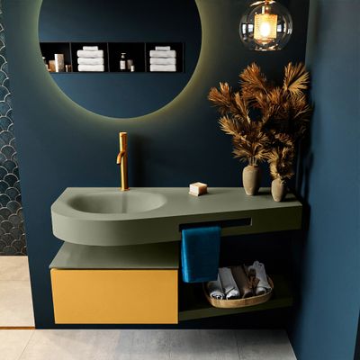 MONDIAZ RIVA 120cm badmeubel onderkast / planchet kleur Ocher met 1 lade. Wastafel DULCET links 1 kraangat kleur Army.