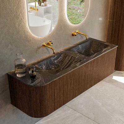 Badmeubel Mondiaz Kurve-Dlux | 145 cm | Meubelkleur Walnut | Wastafelkleur Lava | Solid surface | Dubbele spoelbak | Zonder kraangat(en)