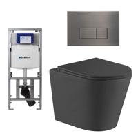 QeramiQ Dely Toiletset - 36.3x51.7cm - diepspoel - rimless - Geberit UP320 inbouwreservoir - softclose toiletzitting - gunmetal bedieningsplaat - rechtehoekige knoppen - zwart mat SW543433/0701131/SW706199