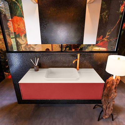 Badkamermeubelset Mondiaz Erin 120 cm met 1 Lade met RIDGE Wastafel Midden Linen met 1 kraangat Greeploos Mat Fire