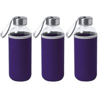 6x Stuks glazen waterfles/drinkfles met paarse softshell bescherm hoes 420 ml