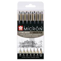 Fineliner Sakura Pigma Micron ass + brushpen zwart | 6 stuks