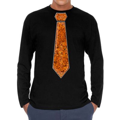 Verkleed shirt voor heren - stropdas pailletten oranje - zwart - carnaval - foute party - longsleeve