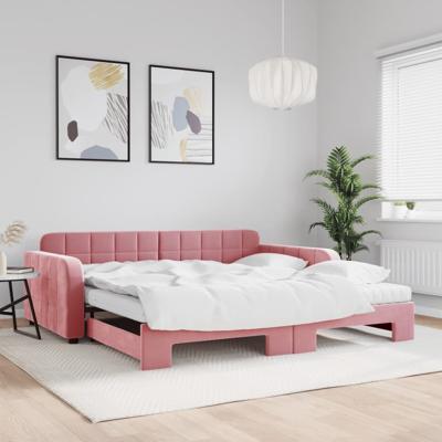 Slaapbank onderschuifbed en matrassen 100x200 cm fluweel roze