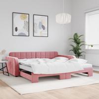 Slaapbank onderschuifbed en matrassen 100x200 cm fluweel roze