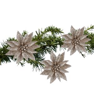 Kerstboom bloemen op clip - 3x stuks - champagne - 10 cm - kunststof - kerstornamenten