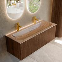 Badmeubel Mondiaz Kurve-Dlux | 120 cm | Meubelkleur Walnut | Wastafelkleur Arena | Solid surface | Wasbak midden spoelbak | 2 kraangaten