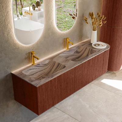 Badmeubel Mondiaz Kurve-Dlux | 155 cm | Meubelkleur Ruby | Wastafelkleur Sombra | Solid surface | Dubbel / Links spoelbak | 2 kraangaten