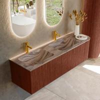 Badmeubel Mondiaz Kurve-Dlux | 155 cm | Meubelkleur Ruby | Wastafelkleur Sombra | Solid surface | Dubbel / Links spoelbak | 2 kraangaten
