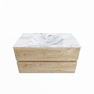 MONDIAZ VICA-DLUX 90cm badmeubel onderkast Washed Oak 2 lades. Inbouw wastafel CLOUD midden 1 kraangat, kleur Glace.