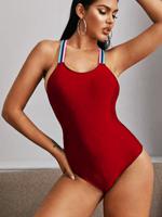 Solid Color Open Back Cross-strap One-piece Swimsuit - thumbnail