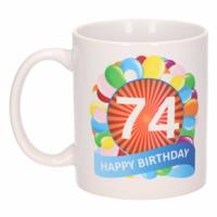 74 jaar Verjaardag koffiemok - cadeau beker - feestelijke ballonnen print - 300 ml - keramiek - wit