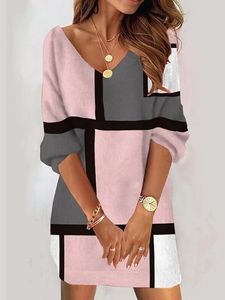 Plaid Casual Loose V Neck Long Sleeve Midi Dress