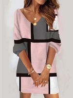 Plaid Casual Loose V Neck Long Sleeve Midi Dress - thumbnail