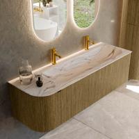 Badmeubel Mondiaz Kurve-Dlux | 145 cm | Meubelkleur Dusk | Wastafelkleur Nata | Solid surface | Wasbak rechter zijde spoelbak | 2 kraangaten