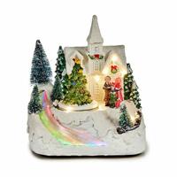 Kerstdorp kerst tafereel - kerk - met draaiende kerstboom - met led licht en muziek -16 cm