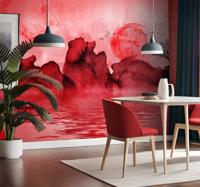 Chinees inktlandschap Foto behang rood