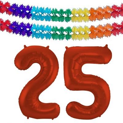Folat Verjaardag Leeftijd folieballon - 25 jaar - rood - 86 cm - incl 2x slingers