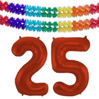 Folat Verjaardag Leeftijd folieballon - 25 jaar - rood - 86 cm - incl 2x slingers