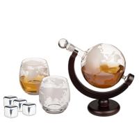 Whiskey karaf cadeau set - met 2 glazen en koelstenen - 850 ml - wereldbol