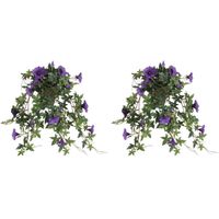 2x stuks groene Petunia paarse bloemen kunstplanten 50 cm - Kunstplanten - thumbnail