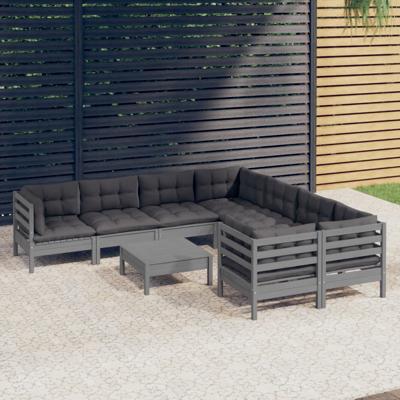 9-delige Loungeset met kussens grenenhout grijs