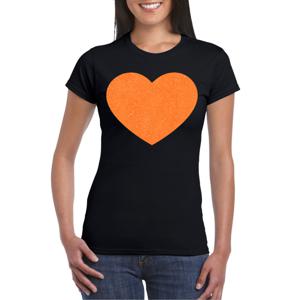 Verkleed T-shirt voor dames - hartje - zwart - oranje glitter - carnaval/themafeest
