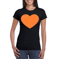 Verkleed T-shirt voor dames - hartje - zwart - oranje glitter - carnaval/themafeest - thumbnail