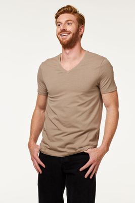 HEMA Heren T-shirt Diepe V-hals Slim Fit Beige (beige)