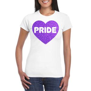 Bellatio Decorations Gay Pride T-shirt voor dames - pride - paars glitter hartje - wit - LHBTI 2XL  -