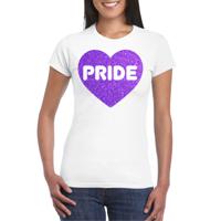 Bellatio Decorations Gay Pride T-shirt voor dames - pride - paars glitter hartje - wit - LHBTI 2XL  - - thumbnail