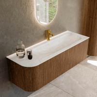Mondiaz KURVE-DLUX 135 cm Onderkast Greeploos 1 Lade Met Deuren Walnut, Wastafel Solid Surface Rechts Ostra 1 Kraangat Zonder Spiegel (KRVBGM135L1L1D1KR-Wal/Ost)