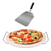 Pizzasteen BBQ/oven rond keramiek 33 cm met handvaten en inklapbare RVS pizzaschep 25 cm