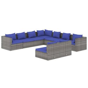 vidaXL 9-delige Loungeset met kussens poly rattan grijs