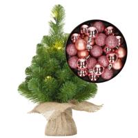 Mini kunst kerstboom - H45 cm - met verlichting en kerstballen - roze - kunstboom - thumbnail