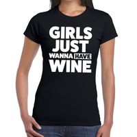 Girls just wanna have Wine tekst t-shirt zwart dames - thumbnail