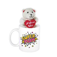 Moederdag cadeau Super mom pop art beker / mok 300 ml met beige knuffelbeertje met love hartje - thumbnail