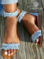 Blue Denim Fringe Strap Casual Sandals - thumbnail