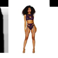 Dreamgirl Dames Kanten en Gaas 3 Delige Set - XL - Aubergine - thumbnail