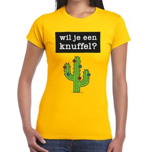 Wil je een knuffel tekst t-shirt geel dames