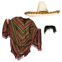 Carnaval verkleed set - Mexicaanse poncho sombrero hoed en plaksnor - gekleurd - heren