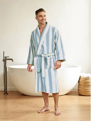 Gestreepte badjas voor volwassenen TRANSAT familie-capsulecollectie, personaliseerbaar, met gerecycled katoen blauw, gestreept